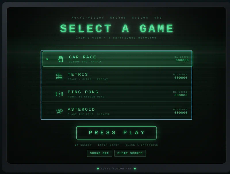 The Retro-Vision Arcade menu screen, listing Car Race, Tetris, Ping Pong and Asteroid